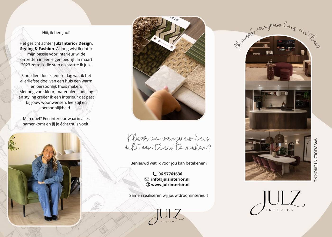 Flyer van Julz Interior met kennismaking en contactgegevens