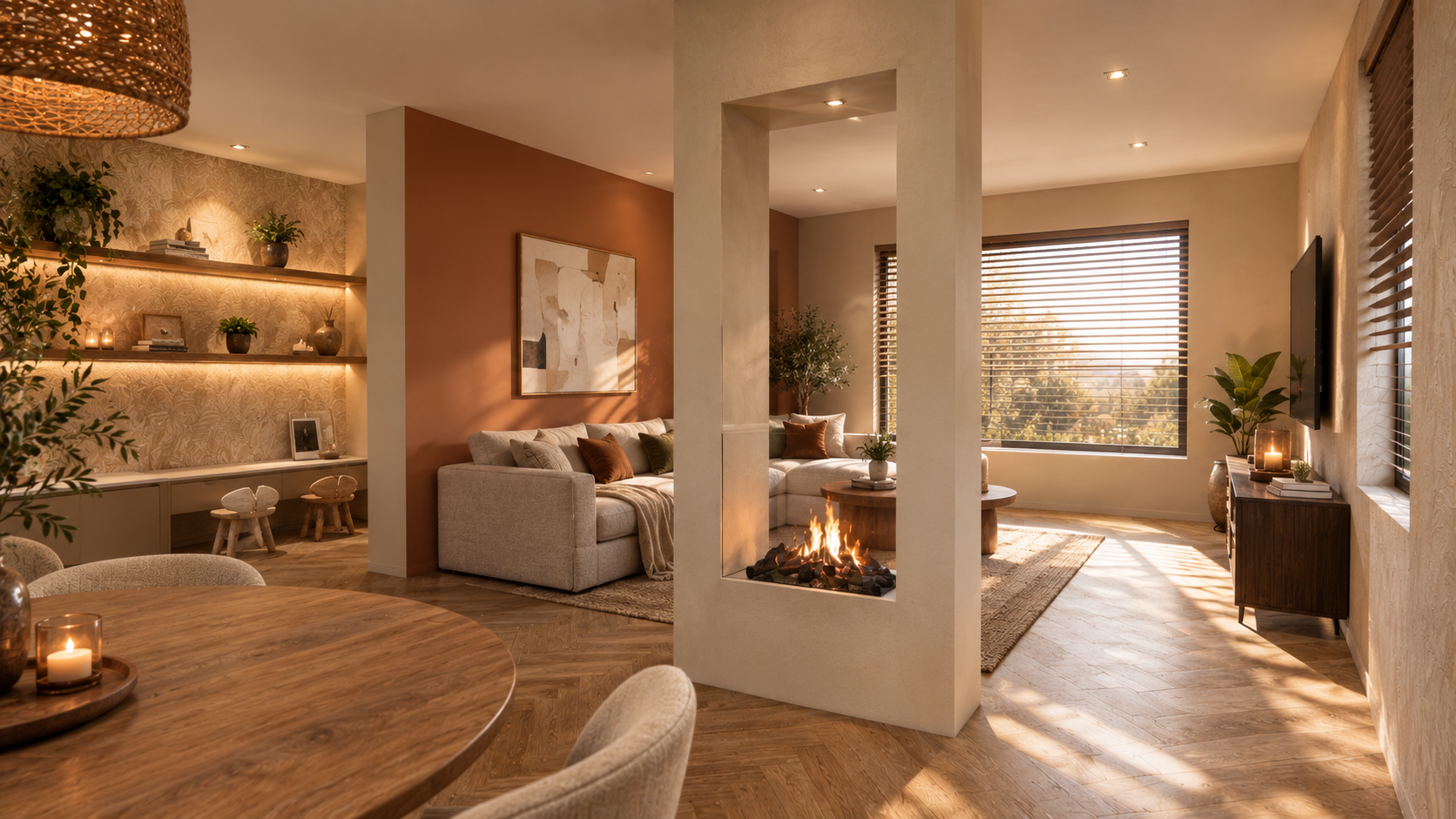 Open woonkamer met haard en terracotta muur